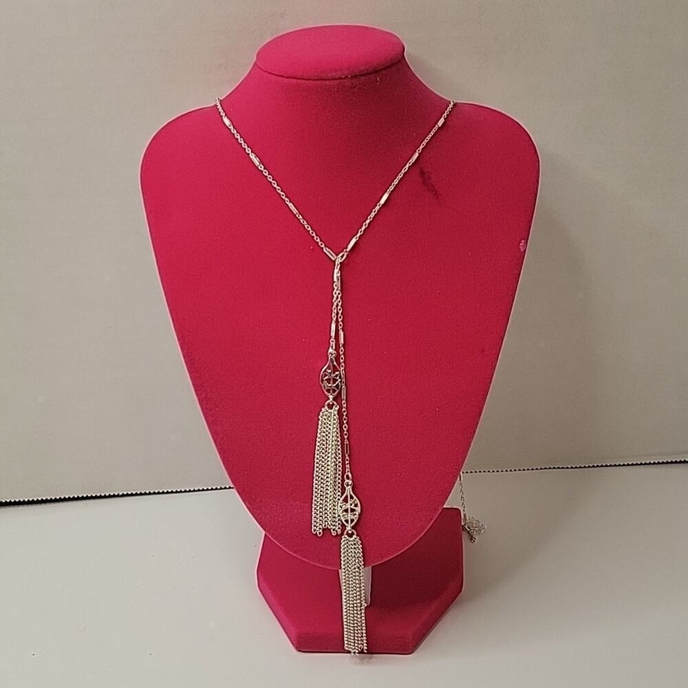 Lauren Conrad Retro Modest Elegant Metallic Silver Chain Tassel 24" Necklace